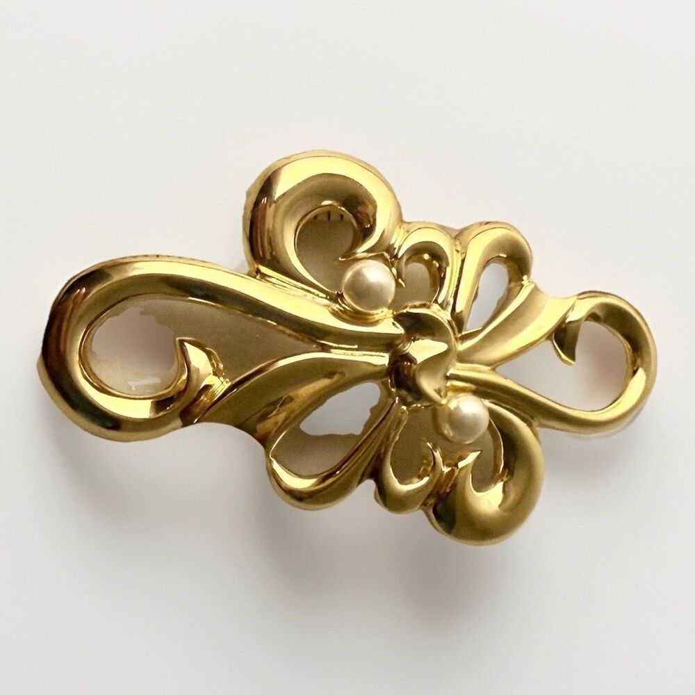 Vintage Gold Tone Pearl Scrolled Brooch Pin - Mint Condition NWOT